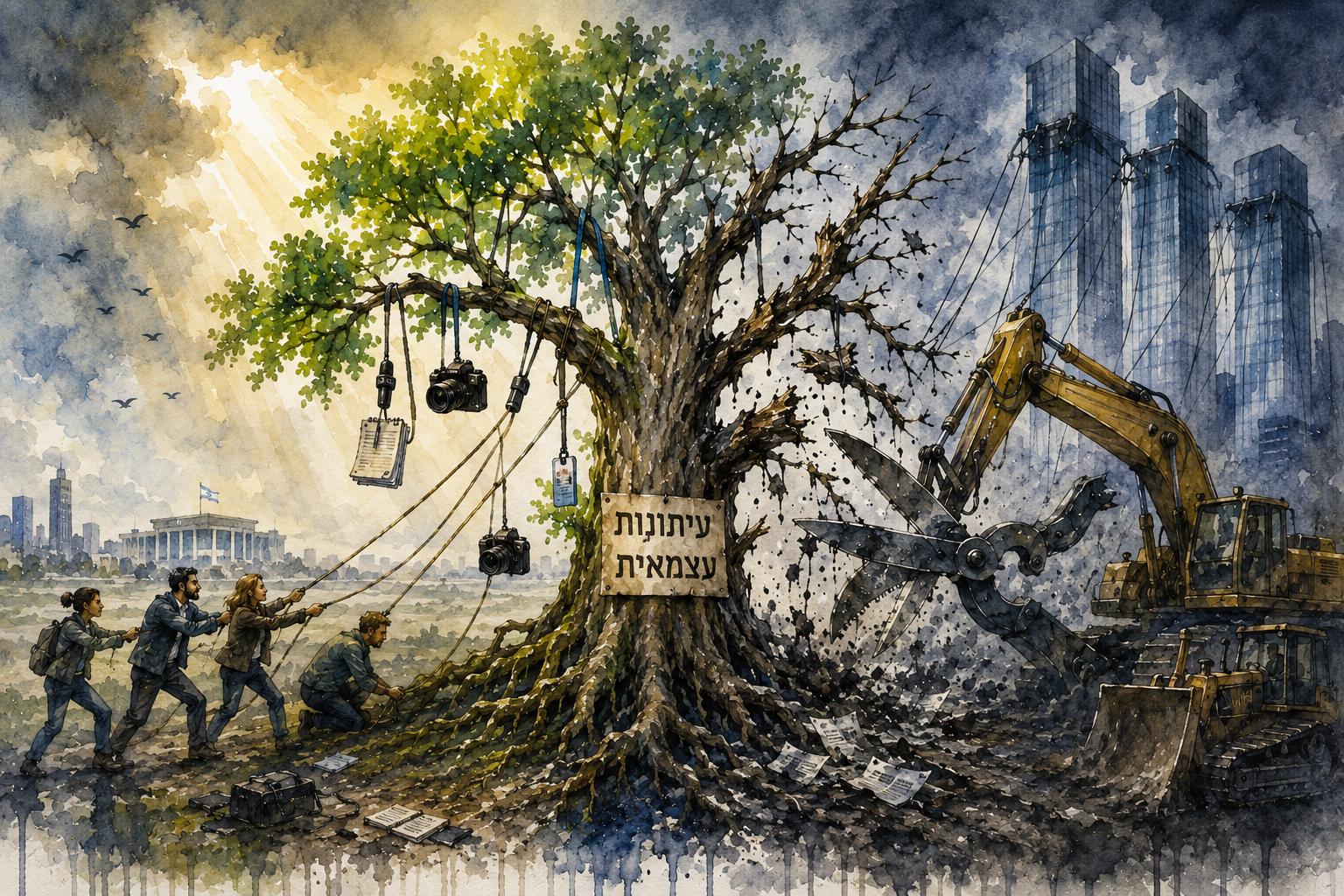 איור שנוצר באמצעות בינה מלכותית לכתבה: "הפגיעה בתקשורת היא מאפיין מובהק לדמוקרטיות בנסיגה"